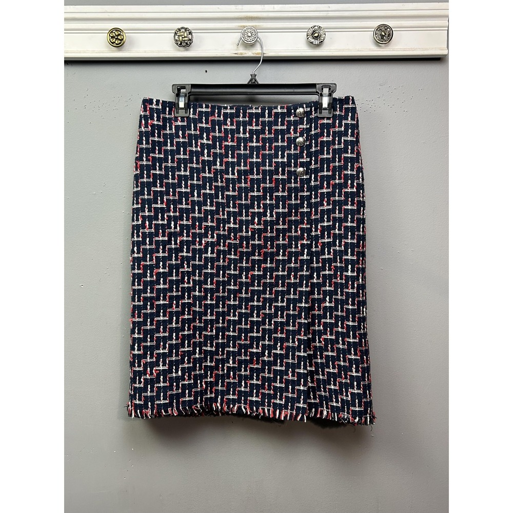 Talbots Skirt Womens 8 Navy Red Tweed Fringe Hem Lined Career Work Button Detail
